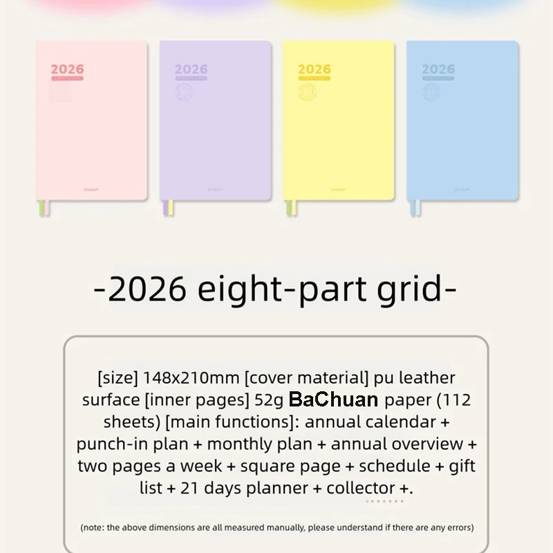 Kinbor 2026 소프트 커버 A5 노트북 플래너 52g BaChuan Paper 휴대용 경량 저널 주간 계획 녹음 쓰기에 가장 적합