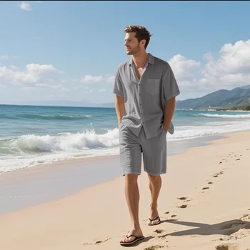 Set di camicie retrò in cotone e lino da uomo della nuova estate, set di due pezzi di camicia a maniche corte e pantaloncini da spiaggia con bottoni alla moda 1