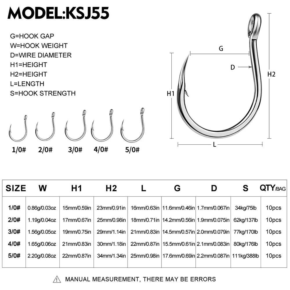 KATYUSHA 10PCS Circle Fishing Hooks 1/0#-5/0# Wide Gap Fishhook High Carbon Steel Worm Barbed Single Hooks Bass Fishing Tackle