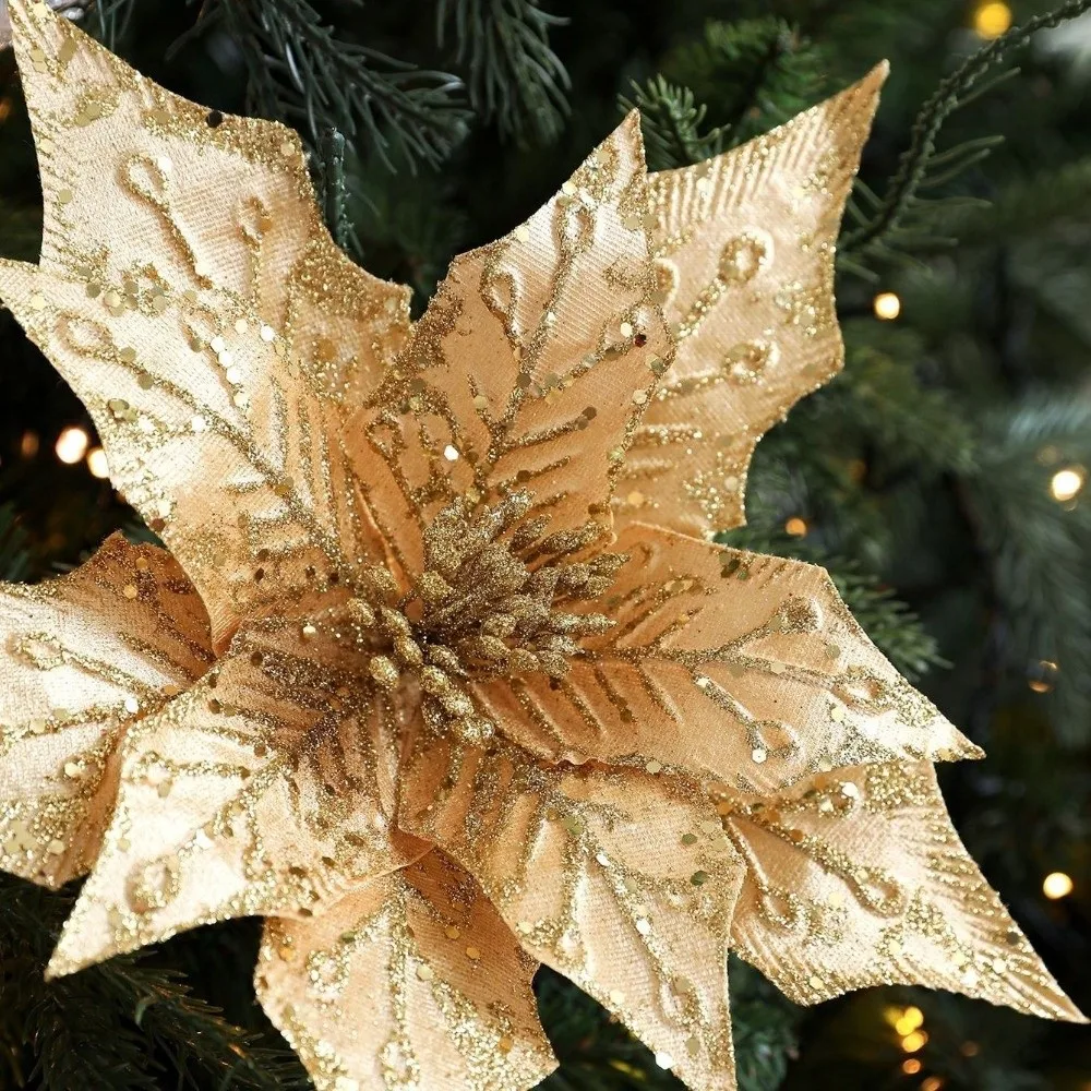Artificial Poinsettia Flower Gold Red Glitter Christmas Decoration