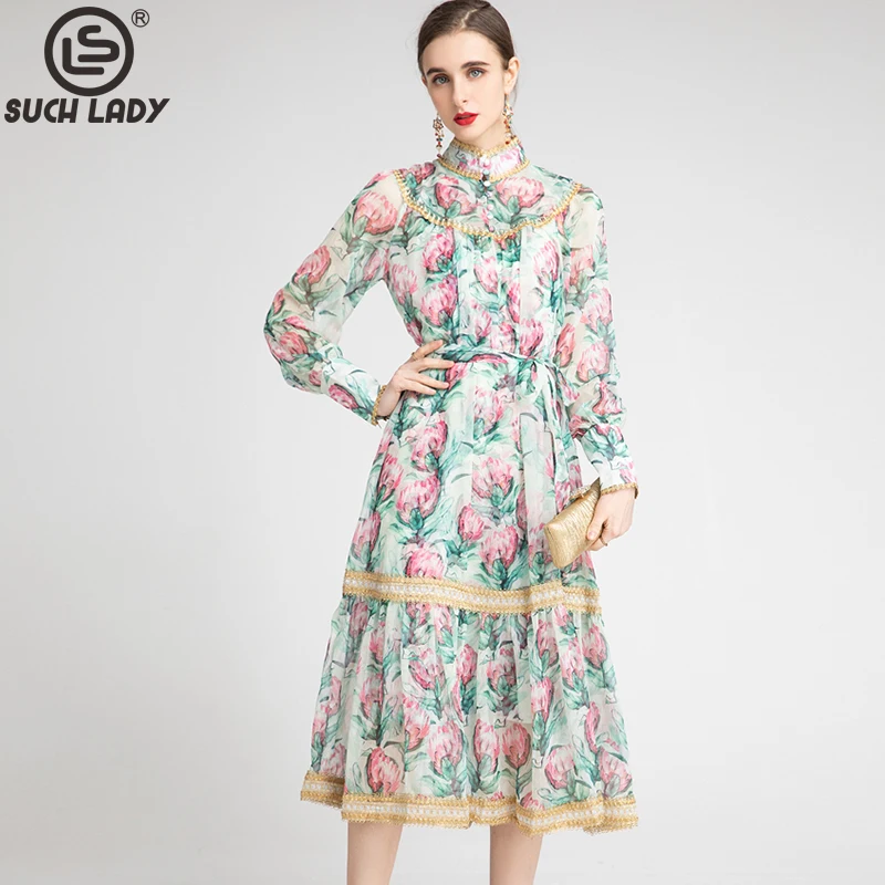 

Women's Runway Dress Stand Collar Long Sleeves Floral Printed Lace Up Belt Fashion Casual Midi Designer Dresses Vestidos