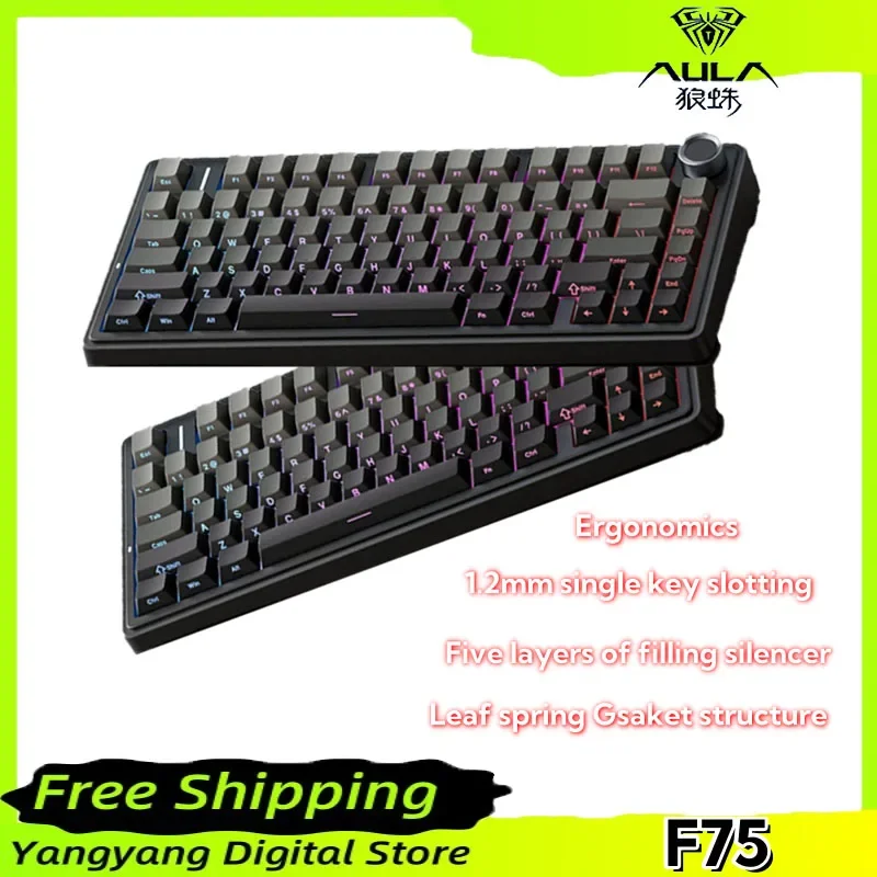 

Механическая клавиатура AULA F75, трехрежимная, многофункциональная ручка, пятислойная подкладка, RGB-подсветка, игровая механическая клавиатура