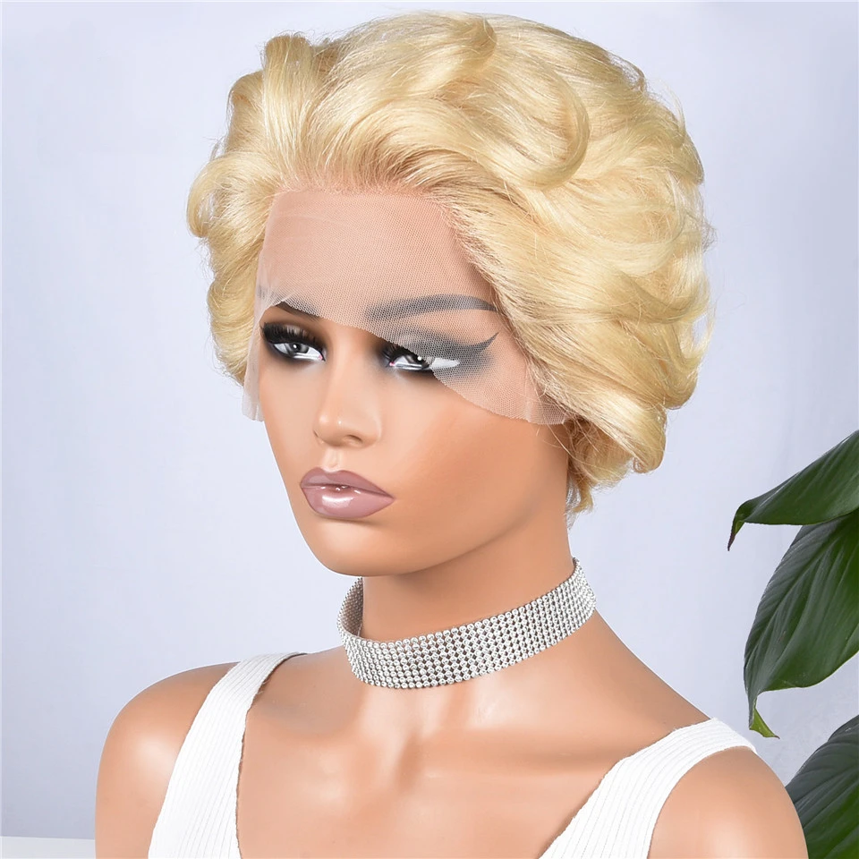 Blonde 13x1 Lace Pixie Cut Wigs Curly Wigs Remy Brazilian Blonde Lace Front Human Hair Pre Plucked Transparent