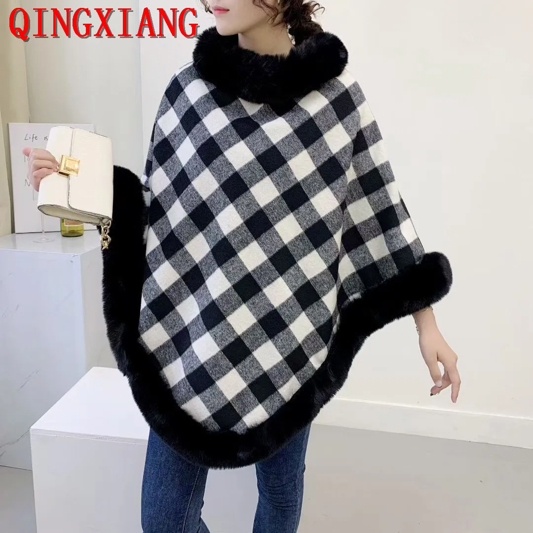 6 Colors Autumn Faux Rabbit Fur Neck Loose Pullover Winter Women Cashmere Poncho Knitted Plaid Shawl Cape Out Streetwear Coat designer brand horse plaid shawl dual purpose scarf women s winter warm thickened neck scarves for women hot selling
