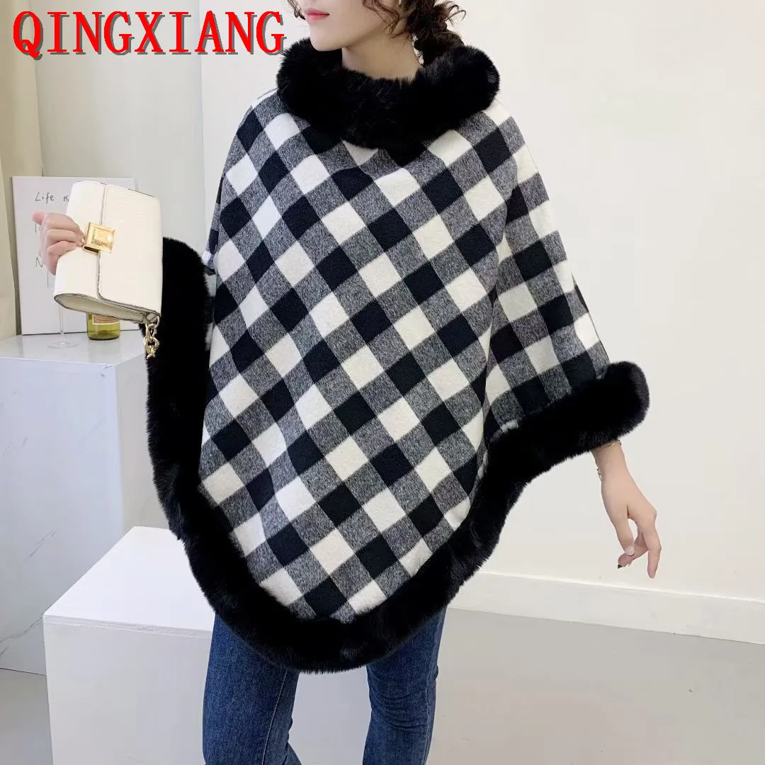 6 Colors Autumn Faux Rabbit Fur Neck Loose Pullover Winter Women Cashmere Poncho Knitted Plaid Shawl Cape Out Streetwear Coat plaid silk scarf for muslim women print chiffon hijabs neck scarfs foulard femme hijab hand kerchief elegant woman stole shawl