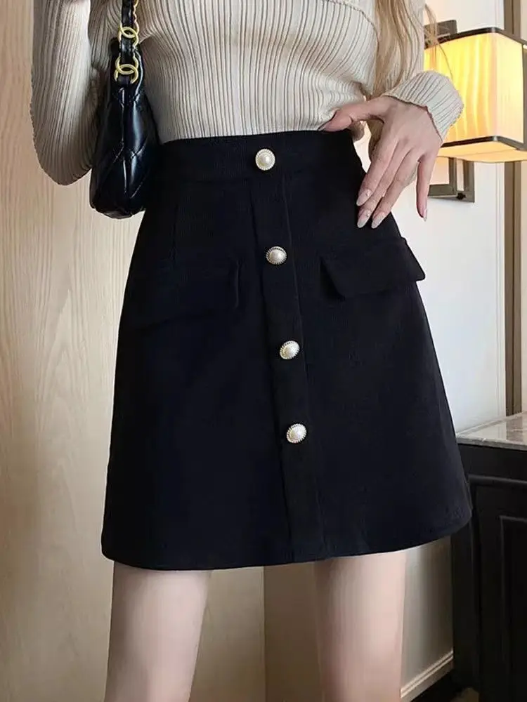 Women's Black High-waisted A-line Skirt New Autumn Winter Fat Mm Covers the Belly Covers the Buttocks in One Step Short Skirt 4
