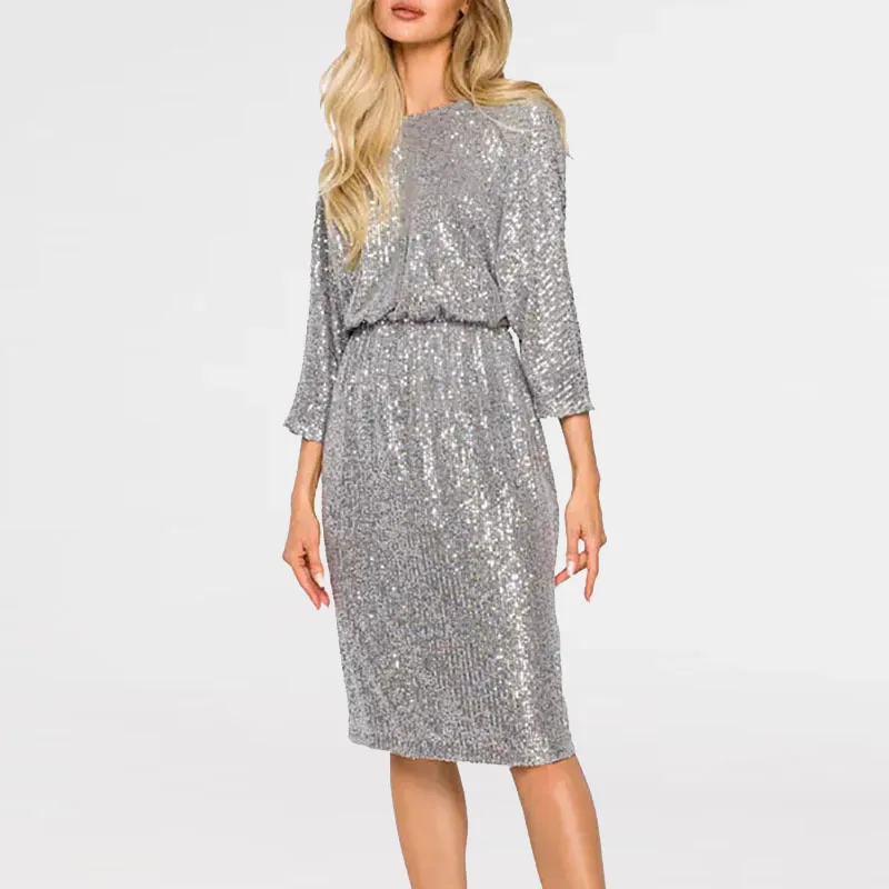 

2024 Spring Sexy Hollow Out Backless Dress Ladies O-neck Shiny Sequin Evening Dress Fashion Long Sleeve Waist A-line Dress Mujer