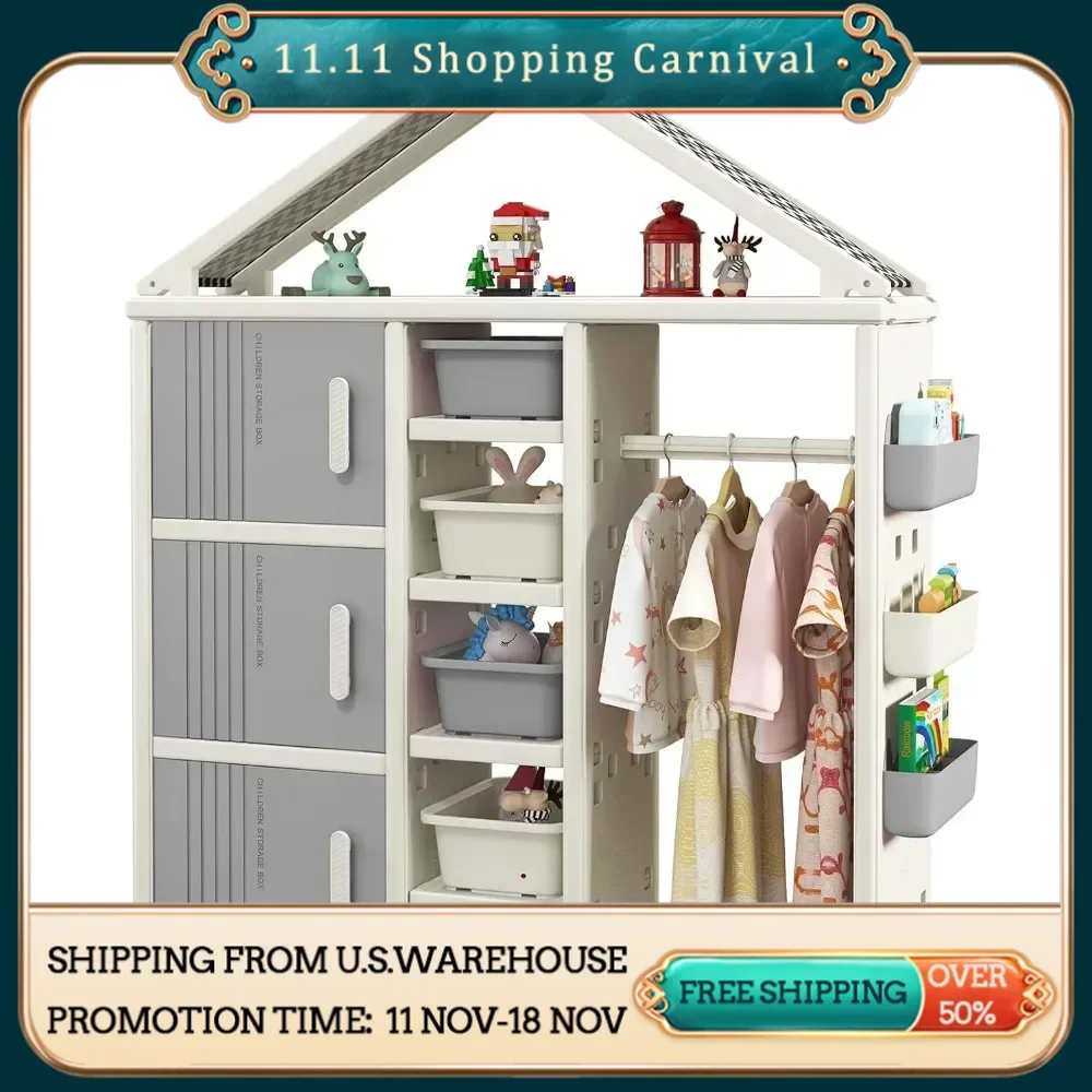 Kids Costume Storage Closet, Children Pretend Dresser Wardrobe, Open Hanging Closet with Storage Bins, Shelves, Side Baskets