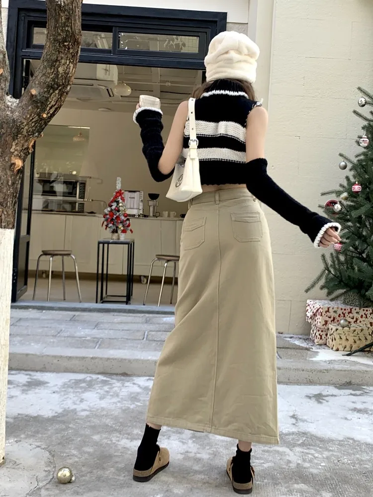 No.D529 ホワイトデニム⭐【L】3段フリルチューリップバッグ⭐ GUUZYUVIZ-Women's Khaki Front Fork Jeans Skirt, Korean
