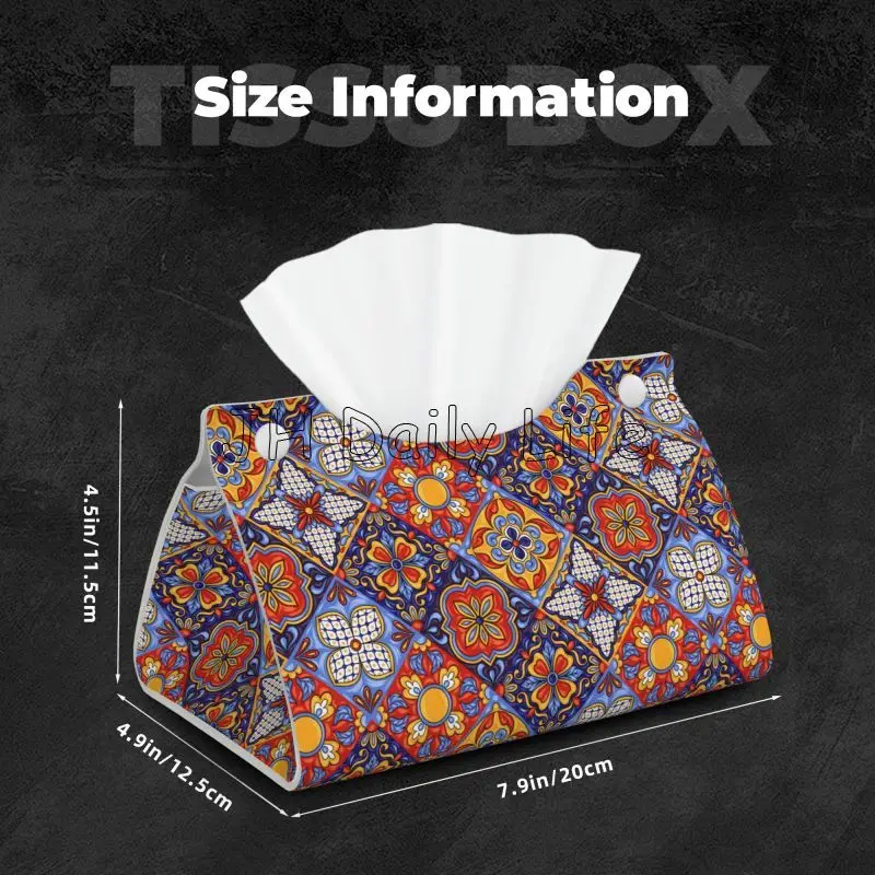 Bohemian Mandala Art Tissue Box Cover Colorful Mexican Ceramic Tile Rectangular PU Leather Tissue Holders for Home Office Car 4