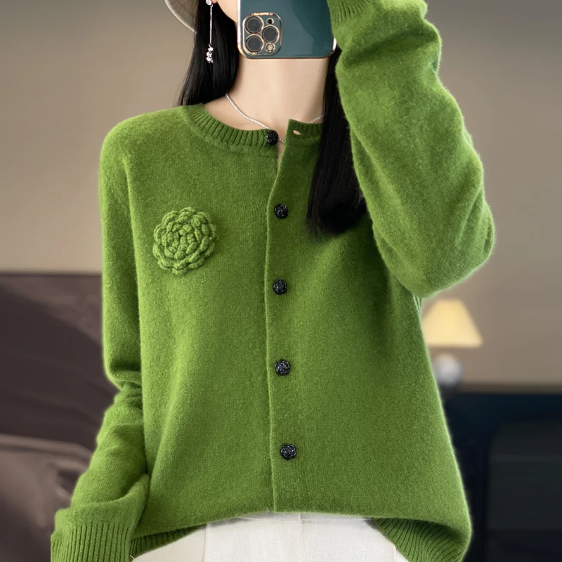 100% Merino Cashmere Sweater Women's Cashmere Cardigan sweater loose solid color autumn and winter comfort top 5