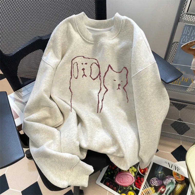 

Women's Solid Color Cartoon Print Crewneck Loose Sweatshirt 2023 Autumn Winter Korean Style Casual Simple Hedging Top Tide