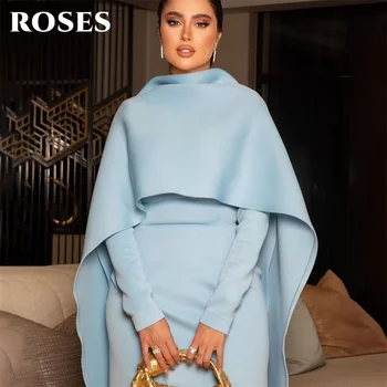 ROSES Softly Blue Prom Dress Stylishly Cape Party Dresses Long Sleeves Sophisticated Sheath Formal Occasion Dresses Customized 1