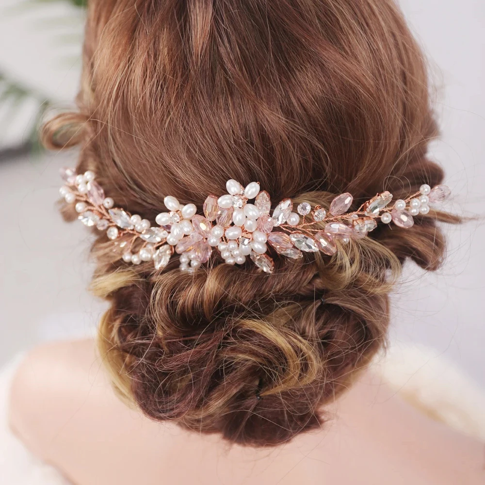 Pink Crystal Rhinestones Hair Comb Pink Wedding Head Jewelry Bridal Hair Accessories Women Tiara Handmade Ornament Headpiece