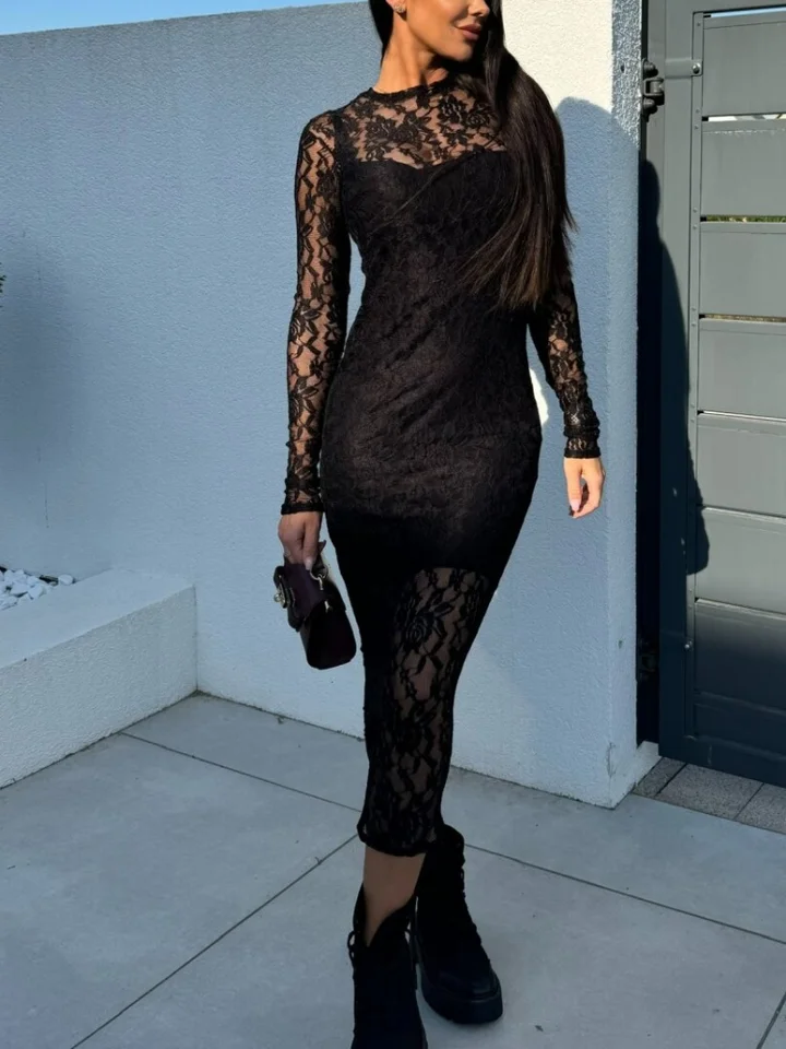 chinese dress ladies Rium Unlined Midi Dress in Lace Black