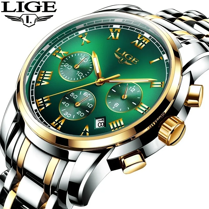 

2022 LIGE 1pc Luxury Fashion Men's Stainless Steel Watch Chronograph Quartz Clock Waterproof Wristwatch