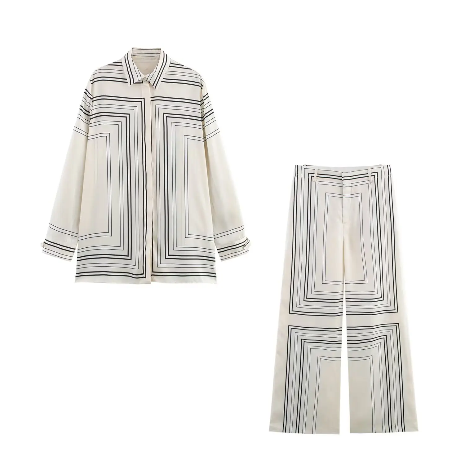 TRAFZA 2025 Women Trouser Suit Turn-down Collar Long Sleeve Single-breasted Slim Print Shirt+High Waist Zipper Loose Long Pants image