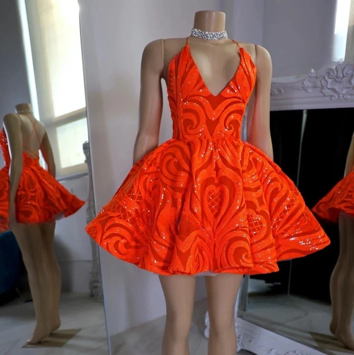 Orange Halter Women African Cocktail Dresses Sparkle Birthday Party Gowns Short Black Girl Prom Dresses Homecoming Customized