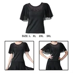 Women Ballroom Dance Tops Sleeves Colorful Rhinestones Neckline Modern Blouses Performance Wear for Cha Cha Rumba Tango