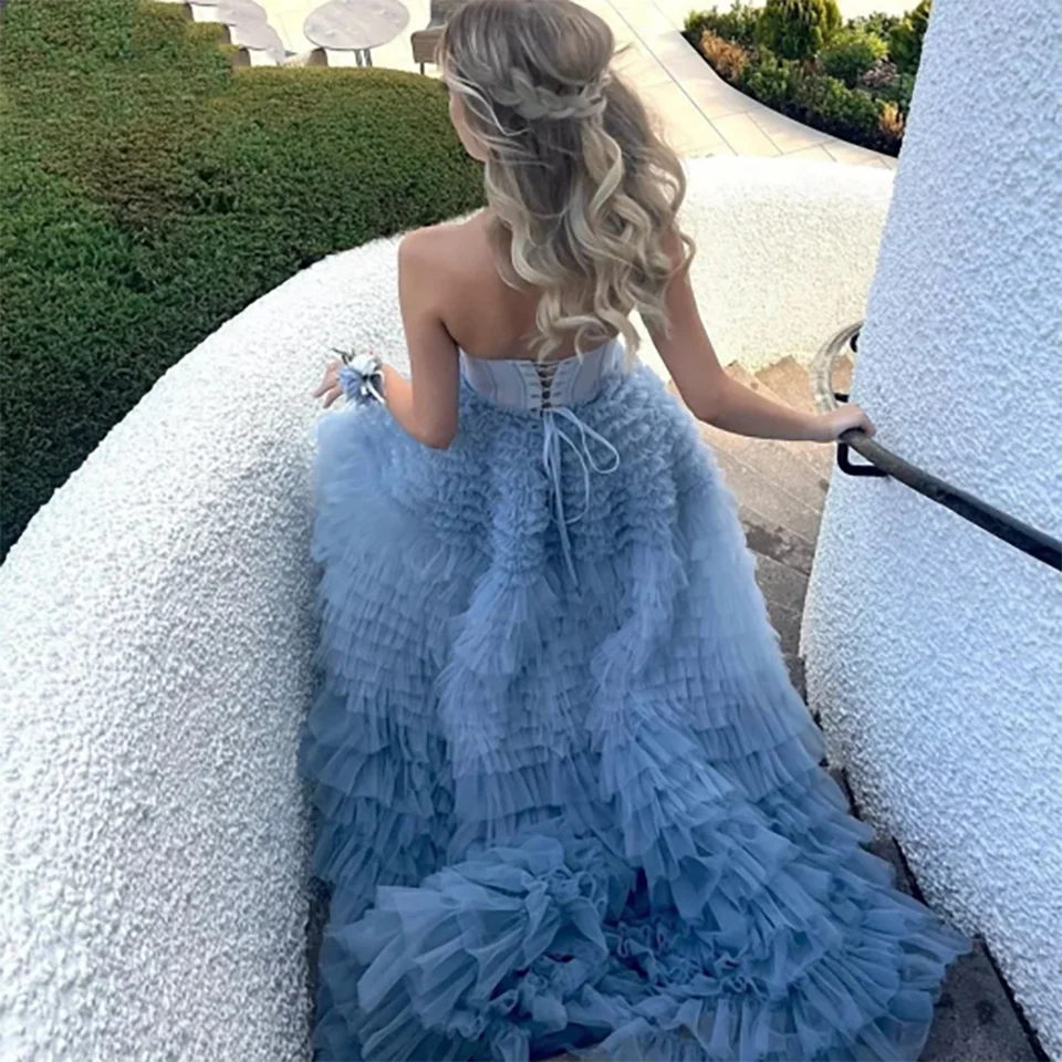 Customized Charming Sweet Dusty Blue Strapless Multi-layered Ruffles Evening Wedding Dress 2026 Floor Length Formal Bridal Gowns