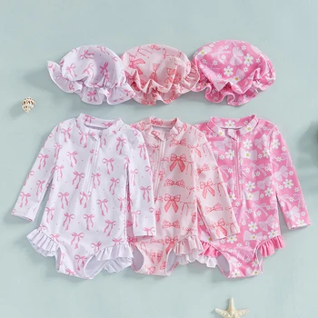 Costume da bagno per bambina carino a maniche lunghe con scollo a O e stampa con fiocco, pagliaccetto, costumi da bagno, costumi da bagno, costumi da bagno con cappello 1
