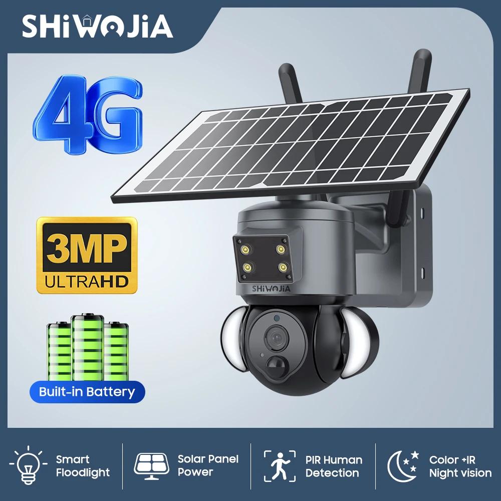 

SHIWOJIA 4G Solar Camera 3MP HD Outdoor Wireless Solar Battery Surveillance Waterproof PIR Motion Detection CCTV whit Floodl