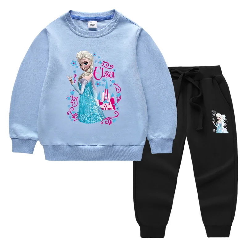 

Girls New Sports Suit Queen Elsa New Sweatshirt 2Pcs Set Disney Frozen Childrens Top and Bottom Clothes Set Cartoon Student Gift