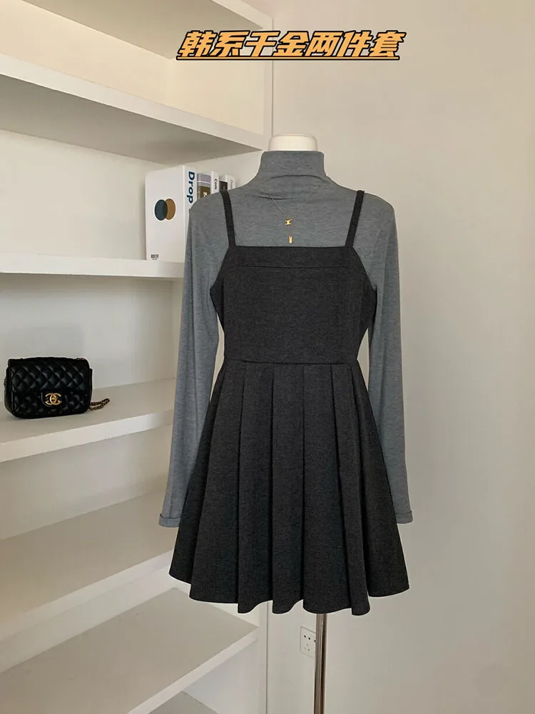 

Korean Elegant Fashion Outfits 2 Piece Skirt Set Mermaid Spaghetti Strap Dress + Grey Turtleneck T-Shirts Long Sleeved 90s Gyaru
