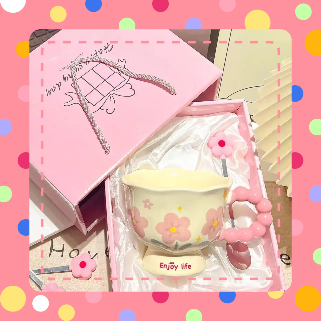 Flower Design Ceramic Coffee Mug with Spoon - أكوا...