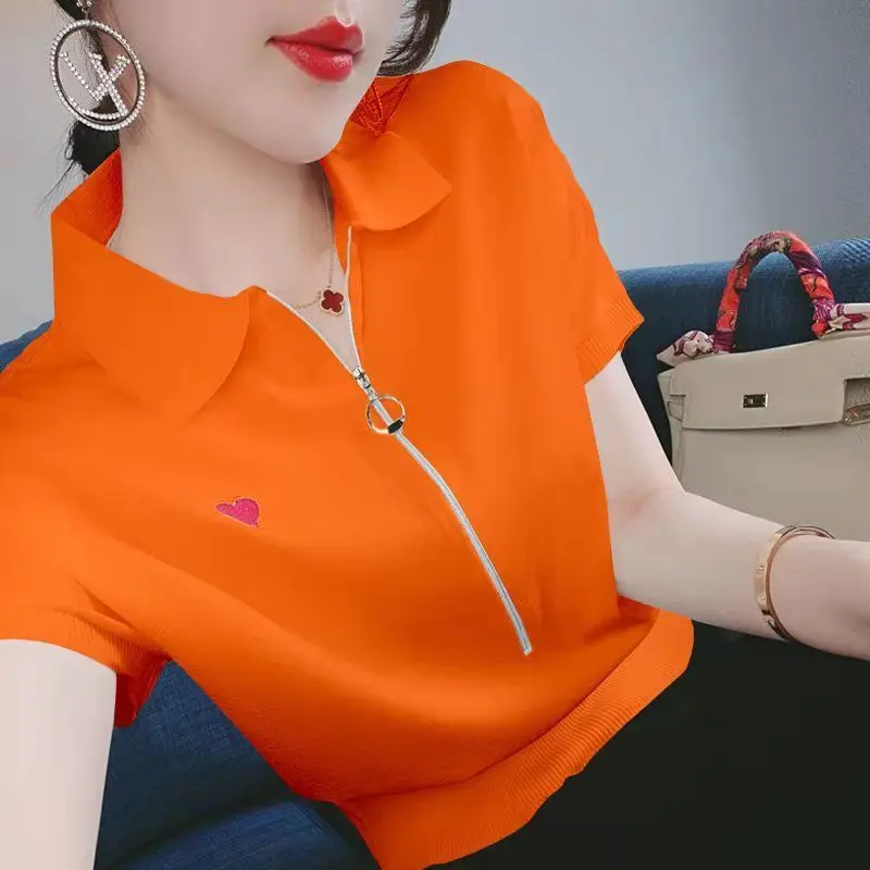 Summer Lapel Embroidery Spliced Zipper Oversized Loose Shirt Short Sleeve Commute Pullovers Casual Fashion Woman Blouses 2022