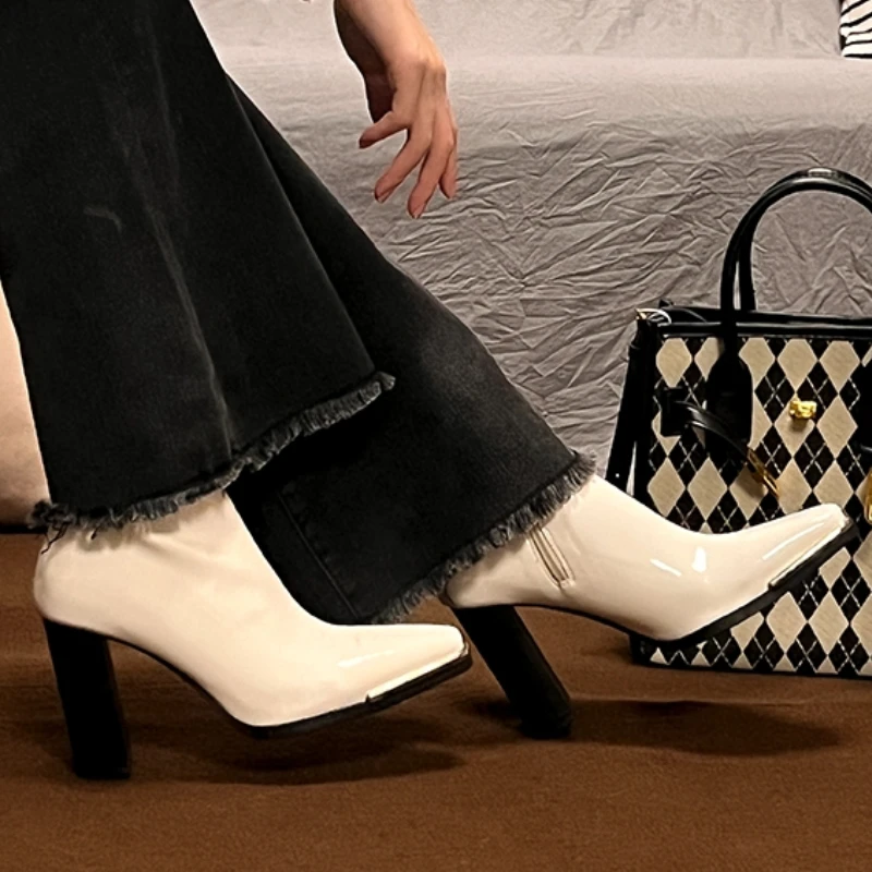 

Женская обувь, Лидер продаж, женские ботинки на молнии, зимние однотонные ботинки с квадратным носком на высоком каблуке, модные ботинки на массивном каблуке