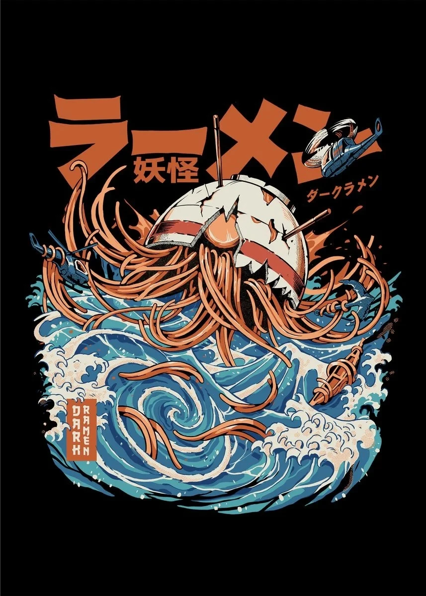 Vintage Japanese Kaijus Food Art Canvas: Sushi, Ramen, and Burgerzilla Poster
