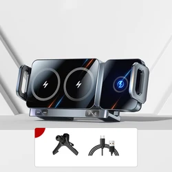 Foldable Dual Coil Wireless Car Charger and Phone Holder - Fast Charging Universal Mount (Silver)