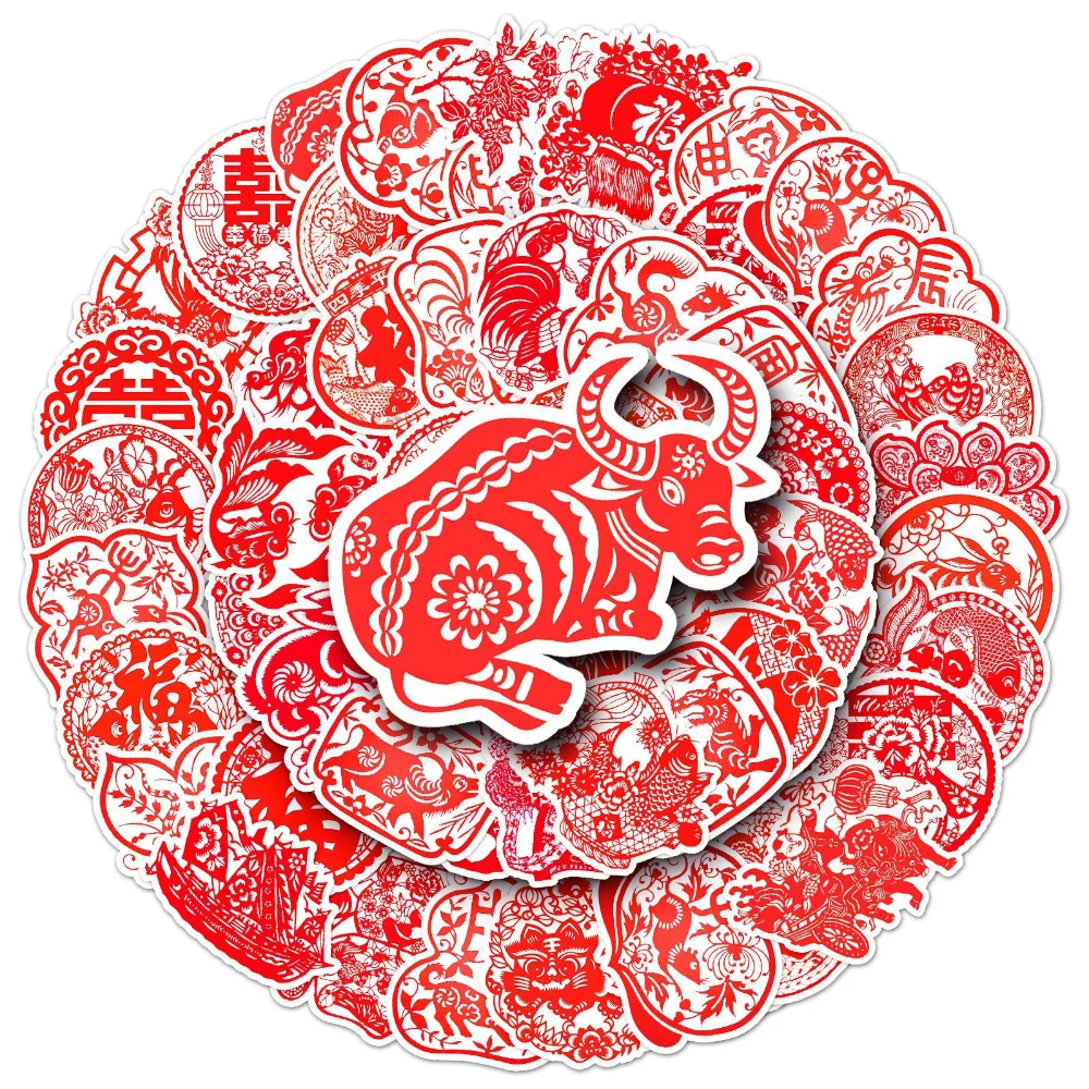 50pcs Chinese Traditional Red Paper Cuttings Lucky Fu Letter Art Stickers New Year Home Decor Decorative DIY Scrapbooking 3