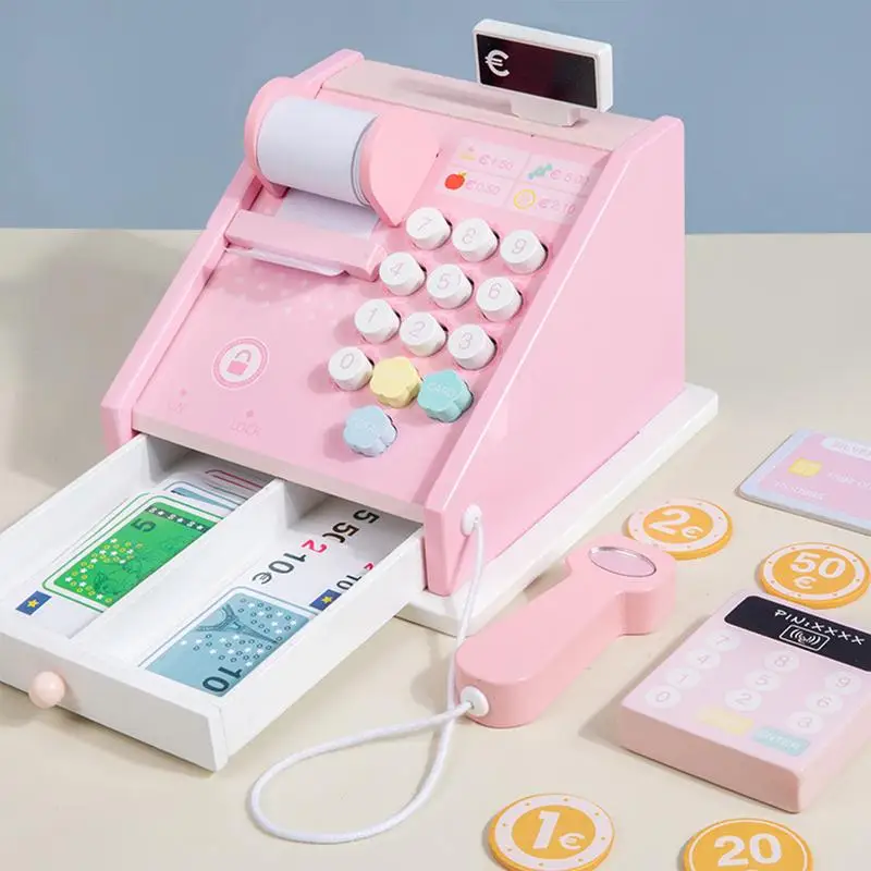 Wood Toy Cash Register Pretend Play Money Counting Toys Cash Register Play Money Strong Cashier Toy With Scanner And Credit Card 5