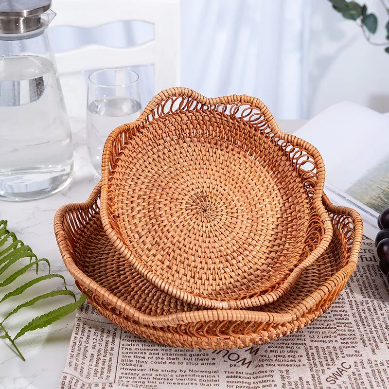 Hand-Woven Storage Basket Rattan Storage Tray Wicker Baskets Bread Fruit Food Breakfast Display Box Handicrafts Home Decoration 4