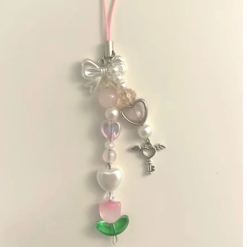 파란색과 분홍색 휴대폰 참 튤립 천사 열쇠고리