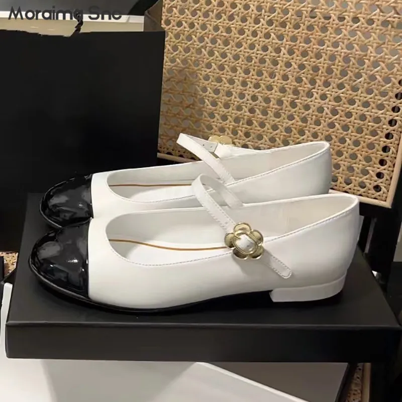 Flower Buckle Strap Mary Jane Leather Shoes Thick Heel Low Heel Round Toe Color Matching Buckle Strap Comfortable Women's Shoes