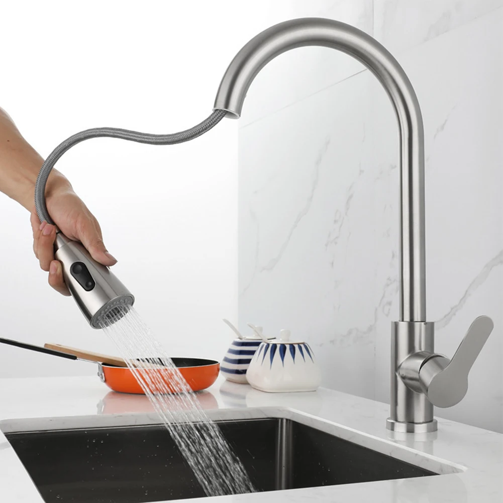 Water Tap Faucet Kitchen Faucet Pull-out Faucet 304 Faucets 2 Modes Nozzle Hot Cold Water Mixer Kitchen Faucet 4