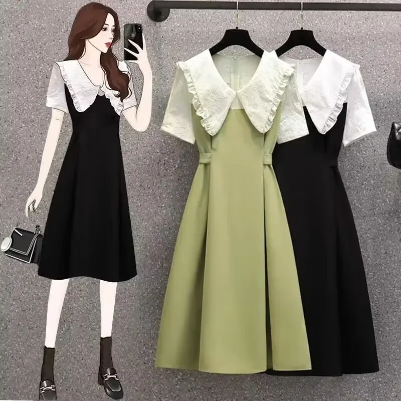 

2023 New Large Women's Gentle Fruit Green Dress Summer Doll Collar Thin Splicing Fake Two-piece Skirt Elegant Women's Dress