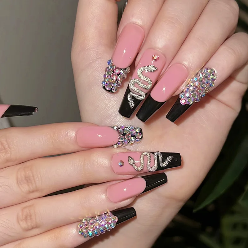 Uñas postizas con diamantes de imitación AB, 24 piezas, diseño de serpiente,  Uñas postizas a presión, puntas de uñas largas de ataúd para niña, uñas  acrílicas de cobertura completa| | - AliExpress