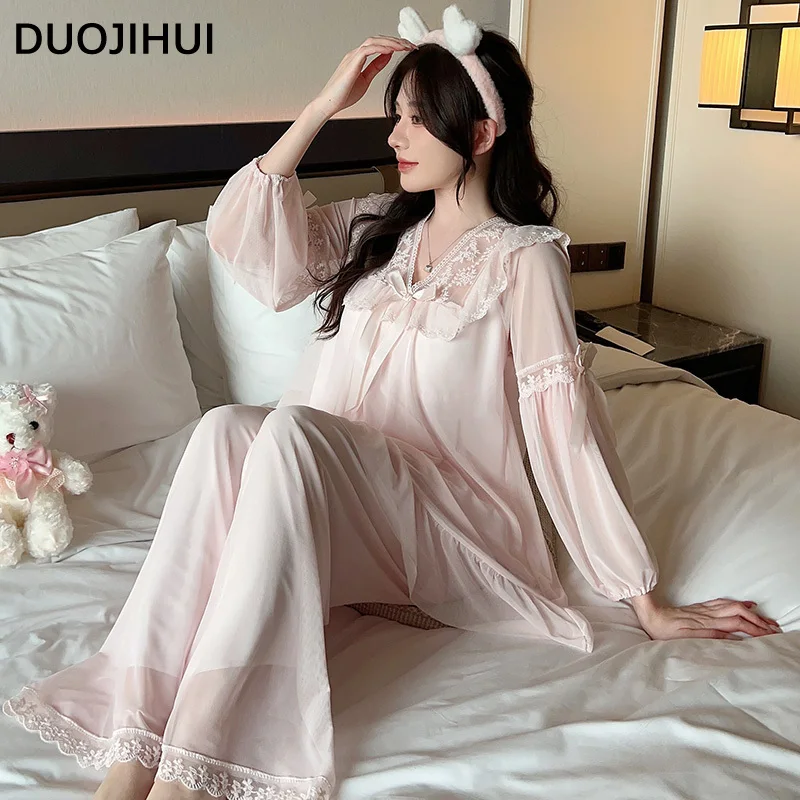 DUOJIHUI Pink Classic Autumn New Casual Home Pajamas for Women Fashion Loose Chicly Lace Solid Color Simple Female Pajamas Set