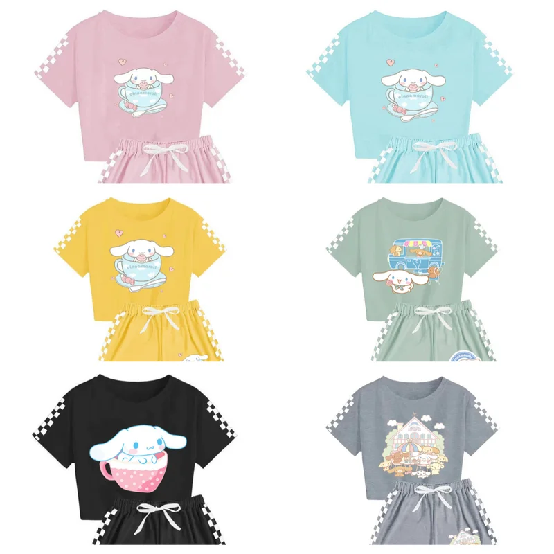

Sanrio мультфильм рубашки и шорты Комплект Cinnamoroll Kuromi мягкая Пижама короткий костюм для тренажерного зала летняя спортивная одежда комплект с рукавами подарок для девочек