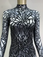 Women Sexy Printing Rhinestone Stretch Jumpsuit Club Evening Party Costume Wear Singer Dancer Stage Performance Costume - Image 5