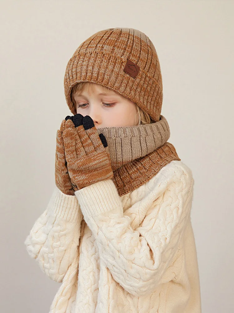 Winter Children Hat Scarf Gloves Set Knitted Beanie Thicken Velvet