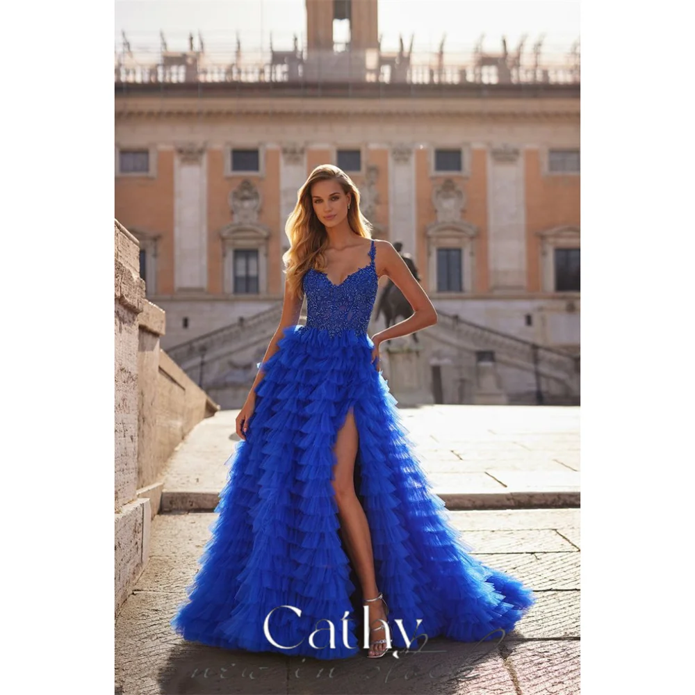 

Cathy Heart Shaped Neck Beaded Prom Dress Elegant Spaghetti Strap A-line Vestidos De Novia Sexy Side High Spilt robes de soirée