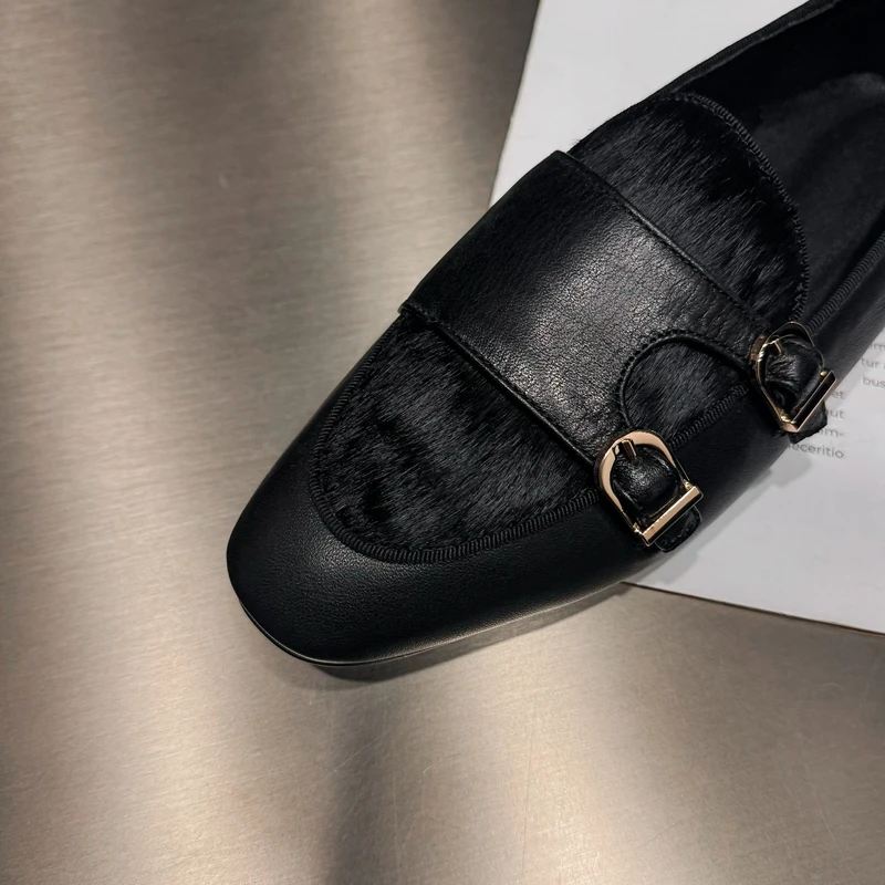 Women's New Spring and Autumn Round Head Genuine Leather Cowhide Low Heel Comfortable Soft Metal Belt Buckle Mom's Single Shoes