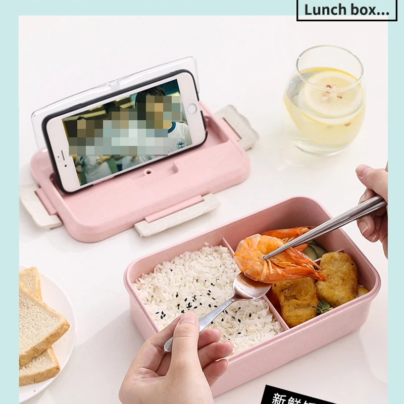 

Lunch Box Wheat Straw Dinnerware with Spoon Chopsticks Food Storage Container Children Kids School Office Bento Box