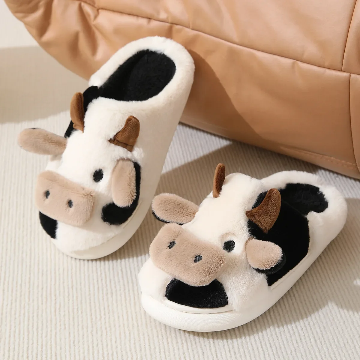 2024 Winter Warm Milk Cow Women Slippers Men Cute Soft Plush Sandals Adults Lovely Non-slip Flip Flops Couples Home Flat Slides 5