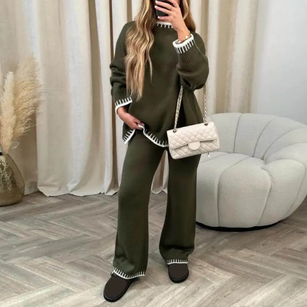 

Autumn Loungewear Striped Knit Sweater Wide Leg Pants Set for Women Cozy Lounge Wear Tracksuits for Autumn Winter Stylish Two